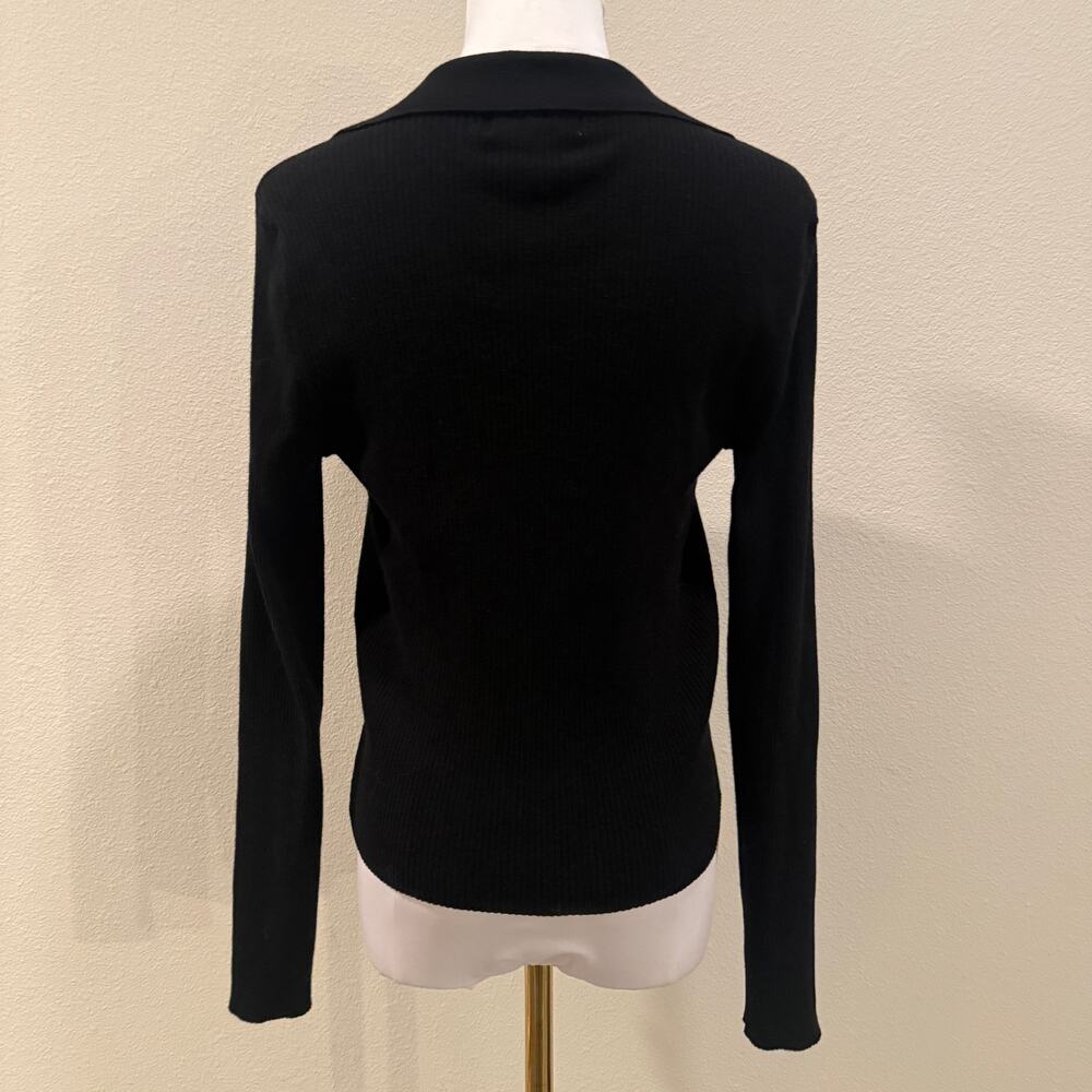 H&M Black Rib Knit Button Front Cardigan Top Collared Long Sleeve V Neck Medium - Picture 2 of 7